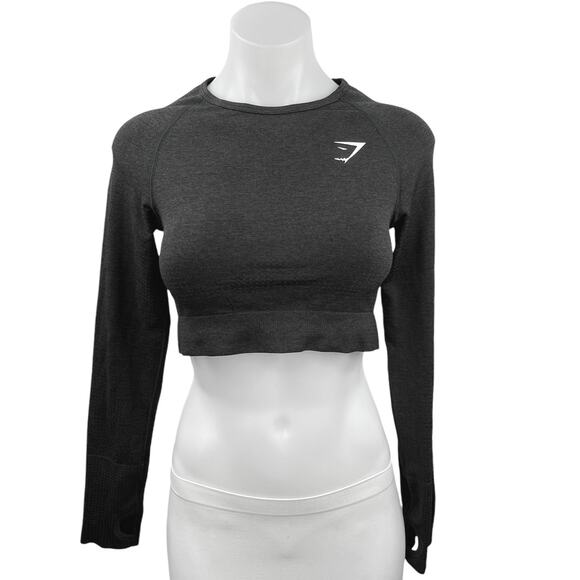 Gymshark Women's Black Crew Neck Long Sleeve Activewear Sports Crop Top Size M - Picture 1 of 3